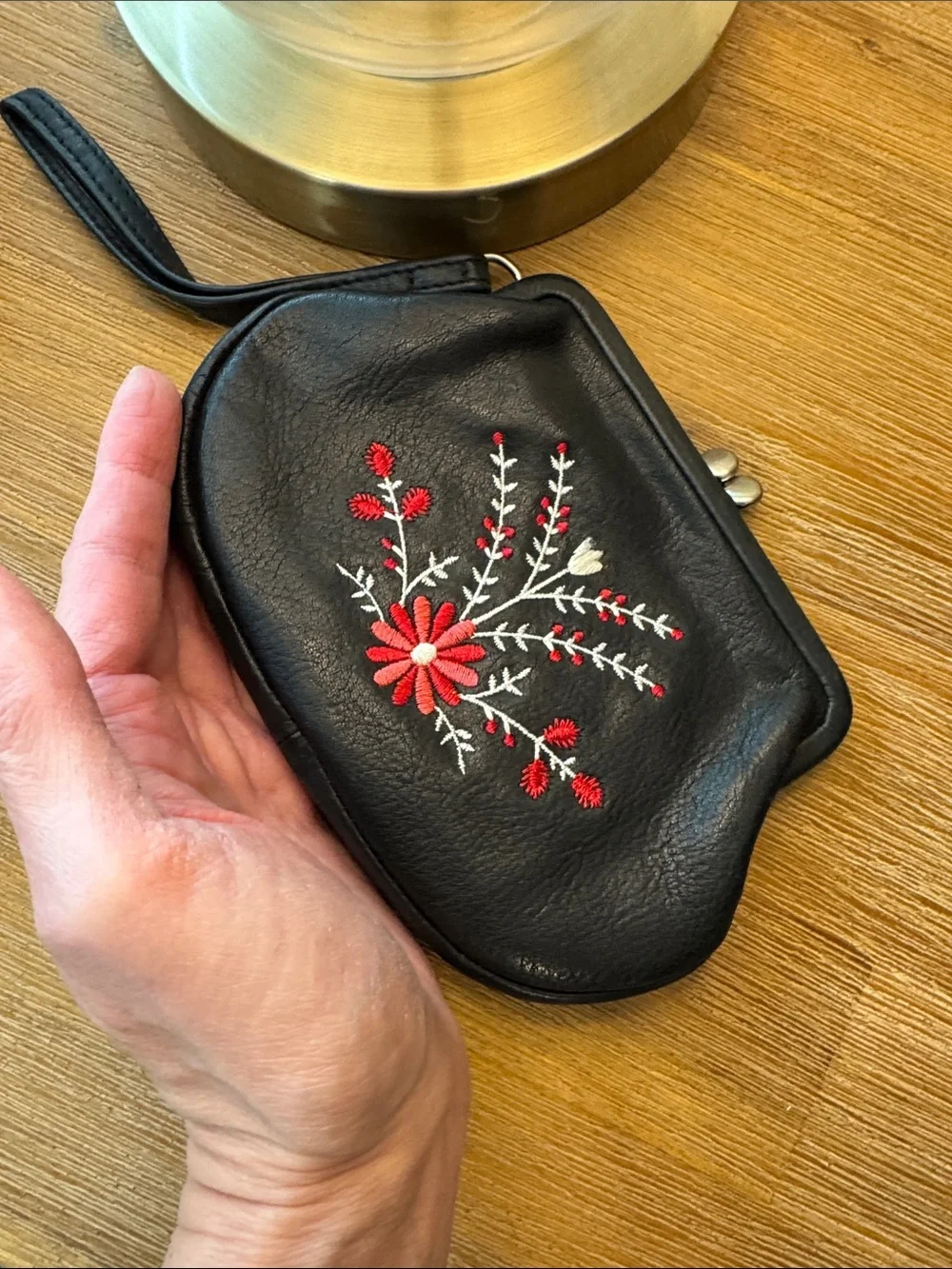 Fossil Black Leather Wristlet Clutch with Red & White Floral Embroidery - Picture 6 of 6